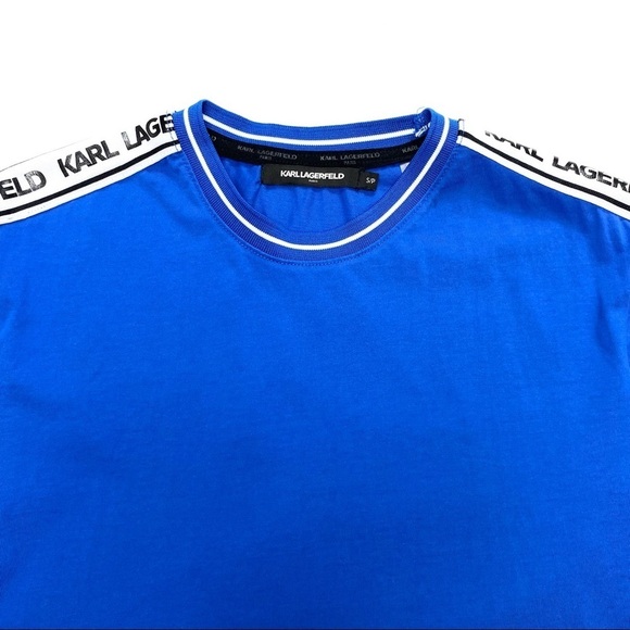Karl Lagerfeld Spell Logo Tape Sleeve T-Shirt Blue - Picture 7 of 9